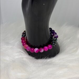 Pink and Purple Agates with Vintage Glass Beads Bracelet